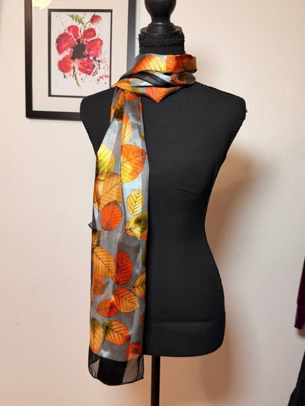 Silky Autumn Leaves Print Scarf Long Satin Fall Colors Orange Grey Black